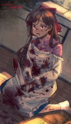 Rule 34 | 1girl, apron, blood, blood on clothes, blood on face, blood on hands, bloody knife, bow, breasts, brown hair, commission, hagioshi, hair between eyes, hair bow, highres, holding, holding knife, indoors, kantai collection, kappougi, knife, long hair, long sleeves, mamiya (kancolle), medium breasts, off shoulder, on floor, open mouth, pink shirt, red eyes, shirt, sitting, skeb commission, solo, tears
