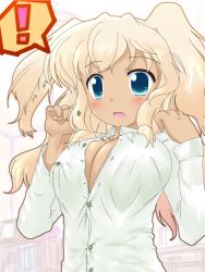Rule 34 | !, 1girl, blonde hair, blue eyes, blush, breasts, bursting breasts, buttons, cleavage, dark skin, dark-skinned female, detached sleeves, female focus, indoors, large breasts, long hair, looking down, open clothes, open mouth, open shirt, original, popped button, shirt, solo, surprised, twintails, wardrobe malfunction