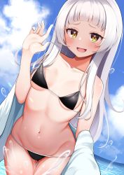 Rule 34 | 1girl, absurdres, alternate costume, bikini, black bikini, blue sky, blunt bangs, blush, breasts, cloud, cloudy sky, commentary, cowboy shot, day, dutch angle, eyelashes, gluteal fold, groin, halterneck, highres, hololive, jacket, long hair, looking at viewer, murasaki shion, navel, ocean, off shoulder, open clothes, open jacket, open mouth, orange eyes, outdoors, silver hair, sky, small breasts, smile, solo, stomach, straight hair, strap pull, string bikini, suzutarou gunsou, swimsuit, tareme, thigh gap, thighs, virtual youtuber, wading, water drop, white jacket