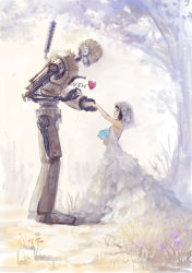 Rule 34 | 1girl, absurdres, bare shoulders, black hair, blunt bangs, bouquet, bridal veil, day, dress, flower, formal, from side, gears, heart, highres, holding, holding bouquet, holding hands, original, outdoors, marriage proposal, robot, short hair, spring (object), standing, tree, tuzki, veil, wedding dress