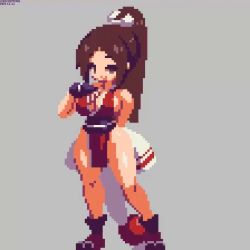 Rule 34 | 1girl, animated, animated gif, bare shoulders, bouncing breasts, breasts, brown eyes, brown hair, chinese clothes, cleavage, curvy, fan, fatal fury, full body, hair ribbon, large breasts, pixel art, ponytail, ribbon, sakuemon, shiranui mai, smile, solo, standing, the king of fighters, thick thighs, thighs, wide hips