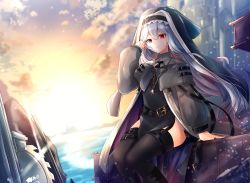 Rule 34 | 1girl, arknights, arm support, belt, black belt, black dress, black nails, capelet, cloud, commentary, dress, feet out of frame, grey capelet, habit, hair between eyes, hand up, jewelry, long hair, long sleeves, looking at viewer, nail polish, outdoors, pelvic curtain, pendant, red eyes, renka (cloudsaikou), silver hair, sitting, smile, solo, specter (arknights), sun, thighhighs, thighs, very long hair