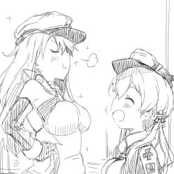 Rule 34 | 10s, 2girls, anchor hair ornament, bad id, bad twitter id, bare shoulders, bismarck (kancolle), blush, closed eyes, cross, darkside, detached sleeves, gloves, greyscale, hair ornament, hands on own hips, hat, iron cross, kantai collection, long hair, long sleeves, military, military uniform, monochrome, multiple girls, open mouth, peaked cap, prinz eugen (kancolle), simple background, smile, sparkle, twintails, uniform, white background