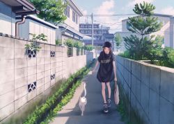 Rule 34 | 1girl, absurdres, apartment, bag, baggy clothes, baseball cap, black footwear, black hat, black shirt, brown eyes, brown hair, cat, city, cloud, commentary request, day, hat, highres, holding, holding bag, house, michinoku (hiking miusan18), original, outdoors, power lines, railing, road, scenery, shirt, shoes, short sleeves, sidelocks, sky, smile, sneakers, stone wall, street, tree, utility pole, vanishing point, walking, wall, white cat, window