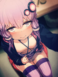 Rule 34 | 1girl, absurdres, at2., blurry, blush, breasts, clothes pull, collarbone, depth of field, downblouse, dress pull, extended downblouse, hair ornament, highres, looking at viewer, pulled by self, purple eyes, purple hair, purple thighhighs, seiza, sitting, small breasts, solo, thighhighs, twintails, vocaloid, voiceroid, yuzuki yukari