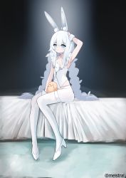 Rule 34 | + +, 1girl, absurdres, ahoge, animal ears, arm up, azur lane, bed sheet, blue eyes, braid, breasts, choker, covered navel, crotchless, crotchless pantyhose, eyebrows hidden by hair, fake animal ears, full body, gradient background, hair between eyes, hairband, hand on own head, high heels, highleg, highleg leotard, highres, le malin (azur lane), le malin (listless lapin) (azur lane), leotard, long hair, meis (meistral), o-ring, o-ring choker, official alternate costume, on bed, pantyhose, playboy bunny, silver footwear, sitting, skindentation, sleeve cuffs, small breasts, solo, strap, thigh strap, triangle mouth, twin braids, twintails, twitter username, white choker, white leotard, white pantyhose, wrist cuffs