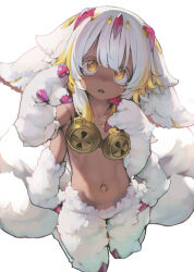 Rule 34 | 1girl, ataruman, claws, commentary request, dark-skinned female, dark skin, extra arms, faputa, fewer digits, full body, goggles around breasts, hair between eyes, highres, jacket, looking at viewer, made in abyss, monster girl, navel, open mouth, pink pupils, sharp teeth, simple background, solo, teeth, white background, white fur, white hair, yellow jacket