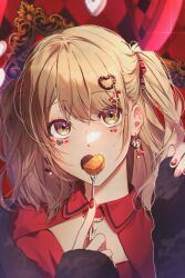 Rule 34 | 1girl, azusawa kohane, blonde hair, chair, covered mouth, dress, earrings, facial mark, fork, hair ornament, hair ribbon, hairclip, hashtag-only commentary, heart, heart earrings, heart facial mark, heart hair ornament, heart print, highres, holding, holding fork, jewelry, looking at viewer, lz 0o0 zl, pendant, project sekai, red dress, red nails, ribbon, sidelocks, sleeves past wrists, solo, swept bangs, take the best shot! (project sekai), twintails, yellow eyes