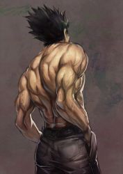 Rule 34 | 1boy, asutora, black hair, black pants, brown background, commentary request, copyright request, cowboy shot, facing away, from behind, hands in pockets, male focus, manly, muscular, pants, topless male, solo, standing