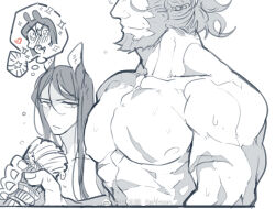 Rule 34 | 2boys, abs, alternate hairstyle, animal ears, bara, beard, breast envy, facial hair, fate/grand order, fate (series), fenman, from side, greyscale, head out of frame, horse ears, iskandar (fate), large pectorals, long hair, looking at pectorals, lord el-melloi ii, male focus, mature male, meme, monochrome, multiple boys, muscle envy, muscular, muscular male, nipples, girl staring at guys chest (meme), pectoral focus, pectorals, scar, scar on arm, scar on chest, short hair, smile, sparkling eyes, sweat, thought bubble, tsundere, upper body, waver velvet, yaoi
