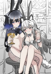 Rule 34 | 2girls, animal ear fluff, animal ears, arknights, bar (place), black hair, blue eyes, blue hair, blush, bow, bowtie, breasts, chalice, cup, detached collar, fake animal ears, fishnet pantyhose, fishnets, gradient hair, grey hair, highres, holding, holding cup, kjera (arknights), leotard, medium breasts, meme attire, multicolored hair, multiple girls, navel, pantyhose, playboy bunny, pramanix (arknights), rabbit ears, reverse bunnysuit, reverse outfit, sitting, stool, whate=3r, wrist cuffs