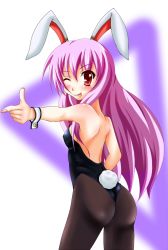 Rule 34 | 1girl, animal ears, ass, bad id, bad pixiv id, blush, rabbit ears, rabbit tail, playboy bunny, female focus, highres, long hair, pantyhose, pointing, purple hair, red eyes, reisen udongein inaba, solo, tail, tera hiroshi, tongue, touhou, wrist cuffs