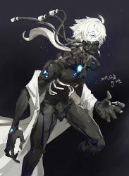 Rule 34 | 1boy, blue eyes, collarbone, dated, glowing, hair between eyes, loladestiny, long hair, male focus, mask, mouth mask, original, ponytail, signature, solo, white hair