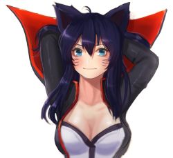 Rule 34 | 1girl, ahri (league of legends), alternate costume, animal ears, arms behind back, bad id, bad pixiv id, black hair, blue eyes, breasts, cleavage, collarbone, facial mark, fox ears, hanato (seonoaiko), large breasts, league of legends, long hair, simple background, slit pupils, solo, whisker markings, white background