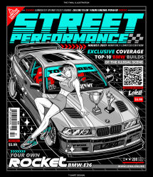 Rule 34 | !, 1girl, 2021, air max 90, alex rsr, barcode, bmw, bmw 3 series, bmw e36, bmw m3, car, cover, cropped shirt, english text, fake magazine cover, hair between eyes, head tilt, highres, long hair, looking at viewer, magazine cover, motor vehicle, nike (company), on vehicle, original, shirt, sitting, skirt, sleeveless, sleeveless shirt, smile, solo, sparkle, spoiler (automobile), sports car, spot color, stance (vehicle), star (symbol), trophy, vehicle focus, visor cap, watermark, web address