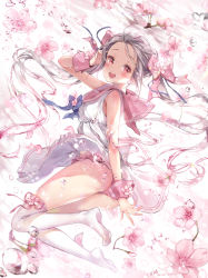 Rule 34 | 1girl, :d, bare shoulders, blue bow, blush, bow, brown hair, cherry blossoms, clothes lift, commentary, dress, dress lift, flower, forehead, gradient hair, hair bow, hair flower, hair ornament, long hair, multicolored hair, no shoes, open mouth, original, panties, pink flower, pink hair, pink panties, red eyes, signature, sleeveless, sleeveless dress, smile, solo, teeth, tena, thighhighs, twintails, twitter username, underwear, upper teeth only, very long hair, water drop, white dress, white thighhighs, wrist cuffs