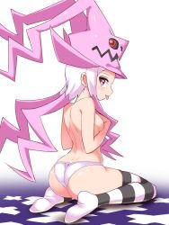 Rule 34 | 1girl, ass, bare shoulders, blush, breasts, come hither, cougar (cougar1404), covering breasts, covering privates, dragon: marked for death, gradient hair, hat, long hair, looking at viewer, looking back, multicolored hair, naughty face, panties, pink eyes, pink hair, shiny skin, sidelocks, sitting, smile, solo, striped clothes, striped thighhighs, thighhighs, tongue, tongue out, topless, underwear, very long hair, wariza, wedgie, white hair, witch (dmfd)