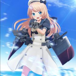 Rule 34 | 1girl, aiming, blonde hair, blue eyes, blue sailor collar, blue sky, cannon, cloud, cowboy shot, day, dress, gloves, hat, highres, jervis (kancolle), kantai collection, long hair, looking at viewer, open mouth, outdoors, ponpu-chou, sailor collar, sailor dress, sailor hat, short sleeves, sky, solo, turret, white dress, white gloves, white hat