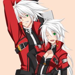 Rule 34 | 1boy, 1girl, arc system works, artist request, blazblue, blush, breasts, cleavage, dual persona, gender request, genderswap, green eyes, grin, heterochromia, jacket, long hair, open mouth, ragna the bloodedge, red eyes, red jacket, short hair, smile, sword, very long hair, weapon, white hair, wink