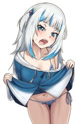 Rule 34 | 1girl, blue bow, blue eyes, blue hair, blue hoodie, blue panties, blush, bow, bow panties, clothes lift, fangs, fins, fish tail, gawr gura, gawr gura (1st costume), hair ornament, highres, hololive, hololive english, hood, hoodie, looking at viewer, multicolored hair, nail polish, navel, nico-mo, open mouth, panties, shark tail, sharp teeth, side-tie panties, silver hair, skirt, skirt lift, solo, streaked hair, sweat, swimsuit, tail, teeth, tongue, underwear, virtual youtuber