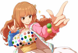 Rule 34 | &gt;:), 1girl, :3, \m/, blush, breasts, brown eyes, cleavage, commentary request, dress, hair ornament, idolmaster, idolmaster cinderella girls, impossible clothes, impossible dress, jacket, jewelry, large breasts, long hair, looking at viewer, morino shoutarou, moroboshi kirari, multicolored clothes, multicolored jacket, necklace, orange hair, plaid, pom pom (clothes), simple background, solo, sparkle, star (symbol), star hair ornament, upper body, white background