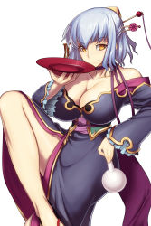 Rule 34 | 1girl, absurdres, bare shoulders, breasts, cleavage, corset, cup, gengan, hair ornament, hair stick, highres, holding, japanese clothes, jony (avion mura), koihime musou, large breasts, leg up, purple hair, sakazuki, sandals, short hair, simple background, smile, solo, white background, yellow eyes