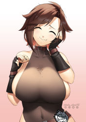 Rule 34 | 1girl, alternate breast size, artist name, belt, blush, breasts, collarbone, cookie, covered navel, eating, closed eyes, food, gloves, hand on own cheek, hand on own face, highres, huge breasts, lulu-chan92, ruby rose, rwby, short hair, simple background, skin tight, smile, solo