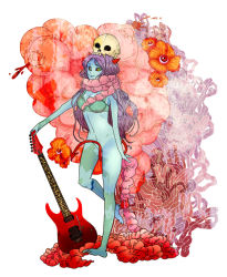 Rule 34 | 1girl, blue skin, breasts, cleavage, colored skin, demon girl, demon horns, demon tail, donguri (acorncafe), guitar, hair ornament, horns, instrument, monster girl, original, purple hair, skull, small breasts, smile, solo, tail