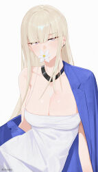 Rule 34 | 1girl, blonde hair, blunt bangs, breasts, chilakkk, cleavage, detached collar, earrings, flower, hair ornament, highres, jewelry, large breasts, looking at viewer, mole, mole under eye, off shoulder, original, purple eyes, simple background, solo, white background