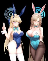 Rule 34 | 2girls, absurdres, animal ears, aqua bow, aqua bowtie, aqua leotard, arms behind back, asuna (blue archive), asuna (bunny) (blue archive), bare shoulders, black background, black pantyhose, blonde hair, blue archive, blue eyes, blue leotard, blush, bow, bowtie, breasts, cleavage, covered navel, detached collar, fake animal ears, grin, groin, halo, highleg, highleg leotard, highres, large breasts, lee hak, leotard, light brown hair, looking at viewer, medium breasts, multiple girls, official alternate costume, pantyhose, rabbit ear hairband, rabbit ears, simple background, smile, thighhighs, toki (blue archive), toki (bunny) (blue archive), v, white thighhighs, wrist cuffs