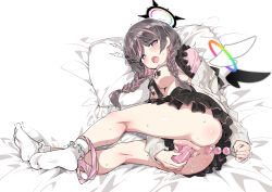 Rule 34 | 1girl, anal, anal beads, anal object insertion, anus, ass, black hair, black skirt, bobby socks, braid, breasts, character request, copyright request, dildo, female masturbation, frilled socks, frills, full body, halo, jacket, kataokasan, lying, masturbation, medium breasts, multicolored hair, nipple stimulation, no shoes, object insertion, on side, open mouth, panties, panties around ankles, panty pull, pillow, pink hair, pink panties, pink shirt, purple eyes, pussy, sex toy, shirt, skirt, socks, solo, sweater, sweater jacket, teeth, tongue, twin braids, underwear, upper teeth only, vaginal, vaginal object insertion, vibrator, vibrator on nipple, white socks, white sweater, wings