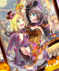 Rule 34 | 2girls, :d, bat (animal), bat wings, black hair, blonde hair, blush, braid, breasts, candy, candy basket, capelet, carrying, cleavage, commentary request, crown braid, embarrassed, food, frills, full moon, garter straps, hair ornament, hair rings, halloween, halloween costume, hat, highres, jack-o&#039;-lantern, kurosawa dia, lollipop, long hair, love live!, love live! school idol festival, love live! sunshine!!, moon, moridam, multiple girls, no shoes, ohara mari, open mouth, panties, pantyshot, pink panties, princess carry, ribbon-trimmed sleeves, ribbon trim, ringed eyes, skirt, smile, string of flags, striped clothes, striped legwear, striped thighhighs, thighhighs, toes, underwear, vertical-striped clothes, vertical-striped legwear, vertical-striped thighhighs, wide sleeves, wings