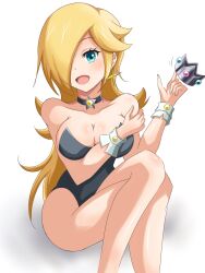 Rule 34 | 1girl, :d, bare shoulders, black choker, black leotard, blonde hair, blue eyes, breasts, choker, cleavage, collarbone, crown, earrings, eyelashes, hair over one eye, highres, holding, holding crown, jewelry, large breasts, leotard, long hair, looking at viewer, mario (series), nintendo, open mouth, rosalina, sitting, smile, solo, star (symbol), star choker, star earrings, strapless, strapless leotard, super mario galaxy, white background, wrist cuffs, yass 8mk