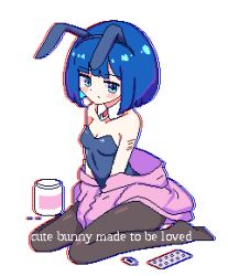 Rule 34 | 1girl, alternate costume, animal ears, arms between legs, bare shoulders, blue eyes, blue hair, blue leotard, blunt bangs, blush, bob cut, breasts, chibikki, chromatic aberration, cleavage, closed mouth, unworn clothes, collarbone, cuts, detached collar, dot mouth, english text, fake animal ears, full body, injury, leotard, looking at viewer, medicine bottle, nanako (chibikki), original, pantyhose, pill, pixel art, playboy bunny, rabbit ears, self-harm, short hair, simple background, sitting, small breasts, solo, strapless, strapless leotard, wariza, white background
