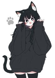 Rule 34 | :d, animal ears, black eyes, black hair, black hoodie, black shorts, blush, cat ears, cat girl, cat tail, commentary request, eyelashes, fang, happy, highres, hood, hoodie, long hair, looking at viewer, megateru, messy hair, open mouth, original, oversized clothes, playing with own hair, shorts, simple background, skin fang, skindentation, sleeves past fingers, sleeves past wrists, smile, tail, tareme, thighhighs, very long hair, white background