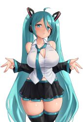 Rule 34 | ahoge, ajidot, alternate breast size, aqua eyes, aqua hair, aqua nails, aqua necktie, aqua trim, bare shoulders, black skirt, black thighhighs, blush, breasts, cleavage, collarbone, collared shirt, commentary, contrapposto, cowboy shot, curvy, detached sleeves, double-parted bangs, double w, grey shirt, hair between eyes, half-closed eyes, hatsune miku, head tilt, headphones, headset, highres, lace, lace-trimmed collar, lace-trimmed shirt, lace trim, large breasts, long hair, looking at viewer, loose necktie, midriff peek, miniskirt, navel, necktie, partially unbuttoned, pleated skirt, puckered lips, shirt, shrugging, simple background, skirt, sleeveless, sleeveless shirt, symbol-only commentary, thick thighs, thigh gap, thighhighs, thighs, twintails, very long hair, vocaloid, w, white background, zettai ryouiki