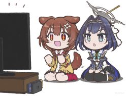 Rule 34 | 2girls, animal ears, blue eyes, blue hair, bone hair ornament, braid, brown eyes, brown hair, dog ears, dog tail, fang, flat screen tv, gestart333, hair ornament, halo, highres, hololive, hololive english, inugami korone, inugami korone (1st costume), mechanical halo, multiple girls, nintendo switch, ouro kronii, sitting, sparkling eyes, tail, television, thighhighs, twin braids, twitter username, virtual youtuber, wariza, watching television, white background