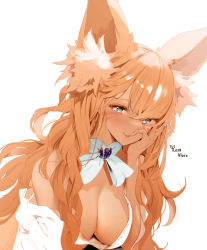 Rule 34 | 1girl, animal ear fluff, animal ears, aqua eyes, warrior of light (ff14), blush, breasts, cleavage, commentary request, dark-skinned female, dark skin, facial mark, final fantasy, final fantasy xiv, highres, kaede (sayappa), large breasts, long hair, looking at viewer, orange hair, signature, simple background, smile, solo, upper body, whisker markings, white background