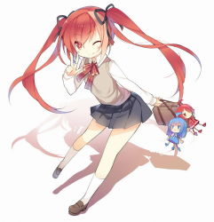 Rule 34 | 1girl, ;), bag, blush, full body, hair ribbon, highres, loafers, long hair, long sleeves, looking at viewer, one eye closed, original, red eyes, red hair, ribbon, saru, school bag, school uniform, shoes, simple background, skirt, smile, socks, solo, sweater vest, twintails, v, white background, white socks, wink