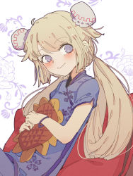 Rule 34 | 1girl, at2., blonde hair, blue dress, blush, bracelet, bun cover, character request, china dress, chinese clothes, closed mouth, copyright request, dress, highres, jewelry, long hair, looking at viewer, low twintails, short sleeves, sitting, smile, solo, twintails