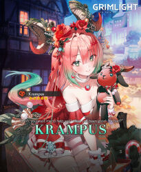 Rule 34 | 1girl, aqua hair, bell, blush, breasts, candy, candy cane, christmas, cleavage, curled horns, detached sleeves, dress, flower, food, gradient hair, green eyes, grimlight, hair flower, hair ornament, hairclip, horns, jewelry, krampus (grimlight), medium breasts, multicolored hair, necklace, official art, pink hair, red dress, red nails, smile, solo, strapless, strapless dress, stuffed goat, twintails, wrist cuffs