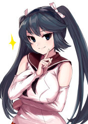 Rule 34 | 1girl, black neckwear, blue hair, blush, breasts, detached sleeves, hair ribbon, highres, index finger raised, isuzu (kancolle), kantai collection, large breasts, long hair, red sailor collar, ribbon, sailor collar, school uniform, serafuku, simple background, smile, solo, sparkle, takahashi meishin, twintails, upper body, white background