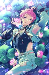 Rule 34 | 1boy, belt, circus66, commentary, dated, earrings, ensemble stars!, fingerless gloves, fingernails, flower, gloves, itsuki shu, jewelry, long sleeves, looking at viewer, male focus, official alternate costume, pants, pink flower, pink hair, purple eyes, short bangs, short hair, smile, solo, symbol-only commentary, teeth, water, white pants
