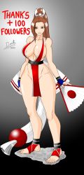 Rule 34 | 1girl, 2020, breasts, brown eyes, brown hair, cleavage, english text, fatal fury, feet, female focus, folding fan, full body, hand fan, highres, holding, holding fan, large breasts, long hair, looking at viewer, matching hair/eyes, ninja, parted lips, ponytail, revealing clothes, shiranui mai, sideboob, smile, solo, standing, toes, wolfdog
