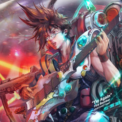 Rule 34 | 1boy, absurdres, armor, brown eyes, brown hair, canards, canopy, cockpit, commentary, electric guitar, english commentary, english text, fire bomber, fire valkyrie, flying, glasses, guitar, highres, hologram, holographic interface, instrument, jay b lee, macross, macross 7, male focus, mecha, music, nekki basara, pilot, robot, round eyewear, science fiction, shoulder armor, singing, solo, spacecraft, variable fighter, vf-19