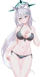 Rule 34 | 1girl, aesice, ahoge, alternate costume, animal ear fluff, animal ears, bare arms, bare shoulders, bikini, black bikini, blue archive, blue eyes, blush, breasts, broken halo, closed mouth, collarbone, cowboy shot, cross hair ornament, extra ears, front-tie top, grey hair, groin, hair between eyes, hair ornament, hairclip, halo, halterneck, highres, large breasts, long hair, looking at viewer, navel, shiroko (blue archive), shiroko terror (blue archive), simple background, solo, standing, stomach, string bikini, swimsuit, thigh gap, very long hair, white background, wolf ears