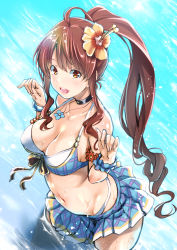 Rule 34 | 1girl, :d, absurdres, ahoge, armlet, bikini, bikini skirt, blue bikini, bracelet, breasts, brown eyes, brown hair, character request, choker, cleavage, collarbone, day, diantha (granblue fantasy), floating hair, flower, from above, granblue fantasy, hair between eyes, hair flower, hair ornament, hibiscus, highres, jewelry, kimura neito, large breasts, long hair, necklace, open mouth, outdoors, pleated skirt, ponytail, sketch, skirt, smile, solo, standing, swimsuit, very long hair, wading
