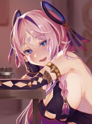 1girl arm_on_table blue_eyes blush braid breasts citlali_(genshin_impact) drunk fingerless_gloves floating_hair_ornament genshin_impact gloves godone_(5do_zzzzz) head_rest highres indoors large_breasts long_hair looking_at_viewer open_mouth pink_hair pink_pupils side_braid sideboob sleeveless_leotard solo triangle_facial_mark upper_body