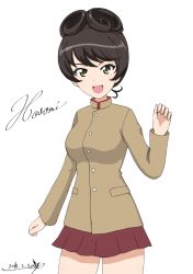 Rule 34 | 10s, 1girl, :d, artist name, brown hair, brown jacket, bukkuri, character name, closed mouth, cowboy shot, cursive, dated, girls und panzer, green eyes, hair rings, hosomi shizuko, jacket, long sleeves, looking at viewer, miniskirt, open mouth, pleated skirt, red skirt, school uniform, short hair, signature, simple background, skirt, smile, solo, standing, white background