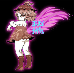 Rule 34 | 1girl, adapted costume, animal ears, ass, bird ears, boots, brown dress, brown footwear, brown hat, closed mouth, clothes writing, dress, full body, hat, knee boots, mystia lorelei, pink eyes, pink hair, pink wings, short hair, solo, touhou, winged hat, wings, yt (wai-tei)
